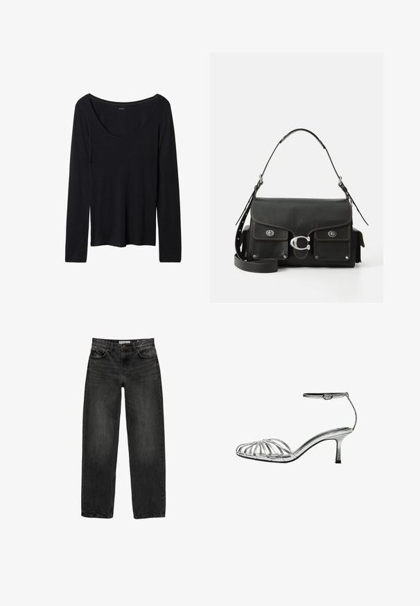 Zwart langemouwen top met een brede ronde hals, gemaakt van zachte, rekbare stof. Beschikt over een gladde textuur en een eenvoudig ontwerp zonder patronen.; Zwarte denim jeans met een relaxte pasvorm, rechte pijpen, vijf-pocket ontwerp en een licht vervaagde textuur. Knop- en ritssluiting aan de voorkant.; Zilveren, strapless sandaal met een lage hak, voorzien van meerdere kruislings straps, een enkelbandje met een gesp en een gladde, glanzende textuur.; Zwarte leren handtas met een klep-sluiting, zilverkleurige hardware, twee voorzakken, contrasterende stiksels en een afneembare schouderriem.