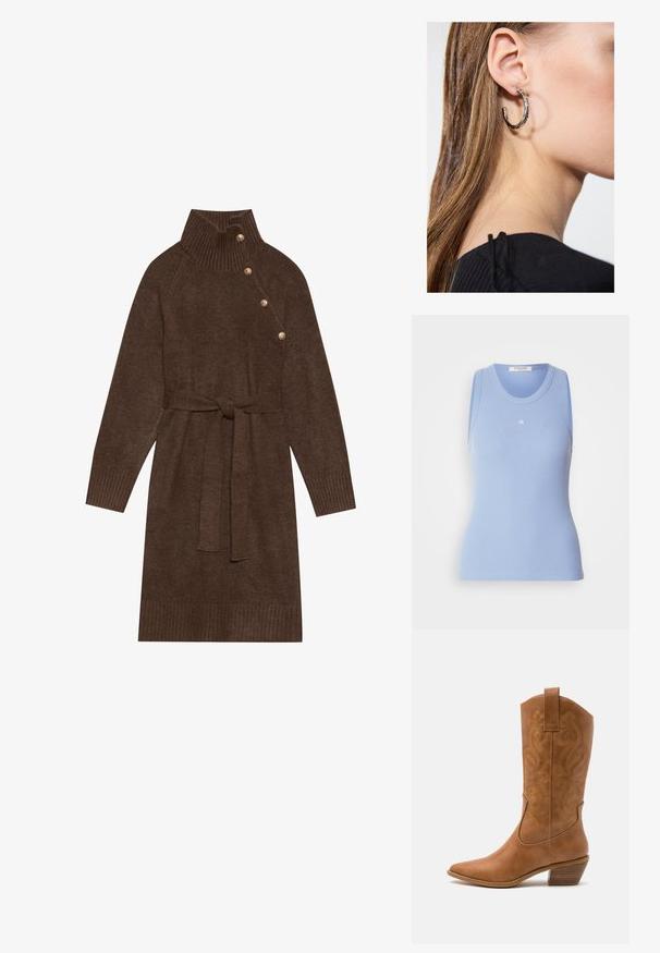 Gaiši zils ribots bezpiedurkņu krekls ar noapaļotu kakla līniju. Priekšpusē ir neliels balts logotips. Gluda tekstūra.; Brūns adīts svārku kleita ar augstu ribotu apkakli, sānu pogām un atbilstošu auduma jostu. Ribotas piedurknes un apakšdaļa piešķir tekstūru.; Brūni ādas kovboju zābaks ar norādītu purngalu, izšūtām viļņveida apakšējo detaļu un sakrautajiem blokiem. Iezīmēts ar velkšanas cilpu ērtai uzvilkšanai.; Sudraba auskars ar pulētu apdari, ar maziem zelta akcentiem un apaļu formu, uz ausu ļipiņas.