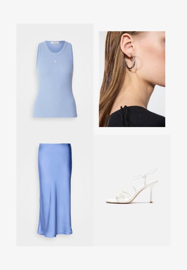 Světle modrý žebrovaný top bez rukávů s kulatým výstřihem. Na přední straně je malé bílé logo. Hladký povrch.; Satinová modrá midi sukně s hladkým, lesklým povrchem. Rozšířená silueta, lem se jemně zakřivuje, což zvýrazňuje její plynulý design.; Bílé sandály na vysokém podpatku s tenkým páskem kolem kotníku, plochou špičkou, texturovaným předním dílem s nařasenými detaily.; Stříbrný kruhový náušník s lesklým povrchem, zdobený malými zlatými akcenty, v kulatém tvaru, nošený na lalůčku.