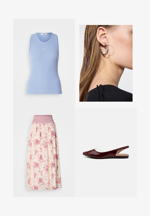 Šviesiai mėlynas glotnus liemenėlis su apvaliu iškirpimu ir be rankovių dizainu. Priekyje yra nedidelis baltas logotipas. Lygi tekstūra.; Kreminės spalvos maksi sijonas su rožinėmis gėlių ir geometrinėmis raštais. Sijonas turi smulkintą liemenį, leidžiantį prisitaikyti prie kūno, pagamintas iš lengvos medžiagos.; Bordinės patentinės slingback balerinų bateliai su smailiu pirštu, permatomu išpjova ir plokščia juoda sole. Sklandus paviršius, minimalistinis dizainas.; Sidabrinė lankinė auskarai su poliruotu paviršiumi, turintys mažus auksinius akcentus ir apvalią formą, dėvimi ant ausies kaušelio.