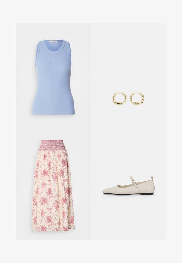 Lyseblå ribbet tanktop med rund halsudskæring og ærmeløs design. Har et lille hvidt logo foran. Glat tekstur.; Maxi nederdel i cremefarvet med pink blomster- og geometriske mønstre. Har en smocket talje for justerbar pasform, lavet af letvægtsstof.; Hvide læder Mary Jane flade sko med spids tå, sidelukning og lav sort hæl. Glat overflade og minimalistisk design.; Gul hoop ørestikker med en struktureret, uregelmæssig form. Har en sømløs lukning og en poleret overfladefinish, der fremhæver et moderne design.