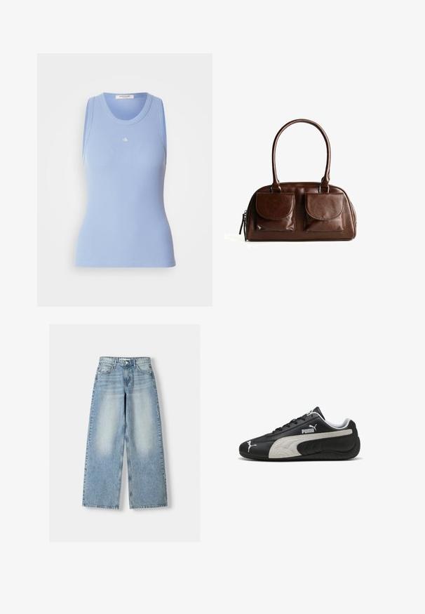 Ljusblå ribbad linne med rundad halsringning och ärmlös design. Har en liten vit logotyp på framsidan. Slät textur.; Ljust blå denim byxor med vida ben och hög midja, har en urtvättad finish, fem fickor och en rak skärning.; Svarta lädersneakers med en texturerad grå mockastripe, med vita logodetaljer och snörningsdesign, rundad tå och gummisulor.; Brun läderhandväska med två framfickor med klaff, rundade handtag och en dragkedja på sidan mot en vit bakgrund.