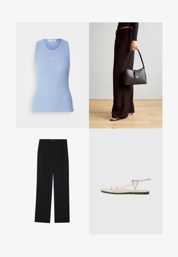 Svetlo modrá rebrovaná tielko s okrúhlym výstrihom a bezrukávovým dizajnom. Na prednej strane sa nachádza malé biele logo. Hladká textúra.; Čierne nohavice so strihom rovného nohu, s dvoma prednými vreckami a pásom. Vyrobené z hladkej, ľahkej textílie.; Béžové ploché sandále s viacerými štíhlymi popruhmi a nastaviteľnou prackou. Podrážka je plochá s jemným tmavým kontrastom na okraji.; Čierna kabelka so štruktúrovaným tvarom, hladkou textúrou a kovovou sponou. V kombinácii so širokými čiernymi nohavicami a sandálmi s otvorenou špičkou na drevenej podlahe.