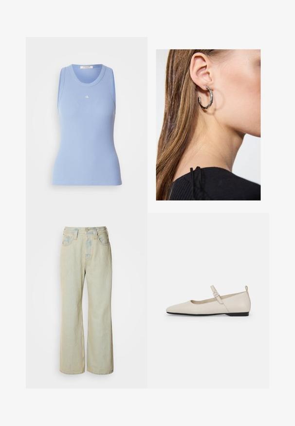 Top de tanque azul claro com canelado, gola redonda e sem mangas. Apresenta um pequeno logotipo branco na frente. Textura suave.; Jeans de perna larga em azul claro, feitos de denim, com uma cintura alta, cinco bolsos e um leve desbotamento com detalhes em costura contrastante.; Sabrinas brancas de couro com ponta afilada, fivela lateral e salto preto baixo. Textura suave e design minimalista.; Brinco de argola prateada com acabamento polido, apresentando pequenos detalhes em dourado e uma forma redonda, usado na orelha.