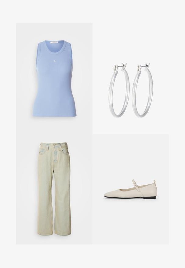 Light blue ribbed tank top with a rounded neckline and sleeveless design. Features a small white logo on the front. Smooth texture.; Light blue wide-leg jeans made of denim, featuring a high waist, five pockets, and subtle fading with contrasting stitching accents.; White leather Mary Jane flats with a pointed toe, side buckle, and low black heel. Smooth texture and minimalistic design.; Silver hoop earrings with a smooth, polished finish. Round shape and secure click-top closure. Lightweight design suitable for everyday wear.
