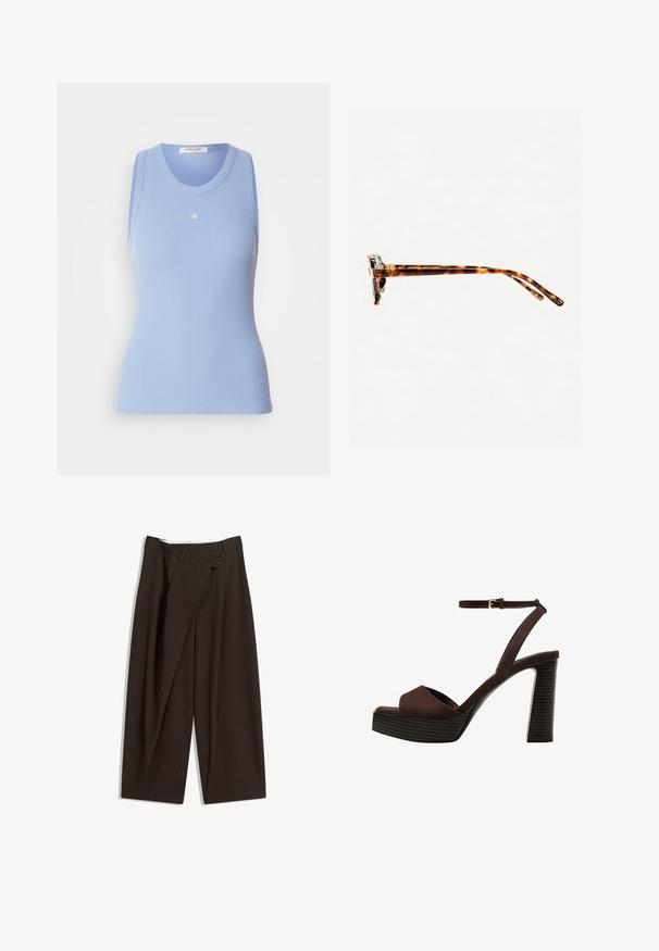 Svetlo modra rebrasta majica brez rokavov z zaobljenim izrezom. Na sprednji strani je majhen bel logotip. Gladka tekstura.; Temno rjave široke hlače z visokim pasom, ki imajo en gumb za zapiranje in zamaščen sprednji del. Narejene so iz lahkega blaga.; Rjave semiš sandale z visoko peto, odprto spredaj, z nastavljivim gležnjenjem in črtastim podplatom.; Sončna očala iz želvosliva z debelimi okvirji, rahlo ukrivljenimi nogicami in gladko teksturo. Imajo klasičen dizajn z sijočim finišom.