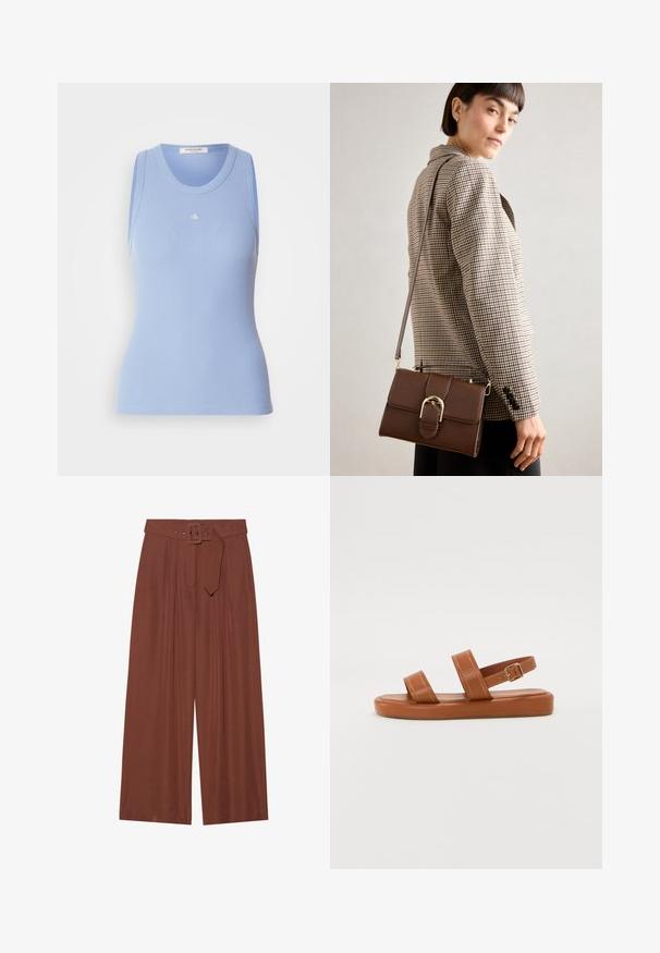 Top din bumbac cu dungi, de culoare albastru deschis, cu guler rotund și fără mâneci. Are un mic logo alb în față. Textură netedă.; Pantaloni evazați din țesătură maro, prevăzuți cu un curea cu cataramă pătrată, design pliat și textură netedă.; Sandale din piele maro cu două curele late și o curea pe spate, având o talpă plată cu detalii subtile de coasere și un accent din metal sub formă de cataramă.; Geantă de umăr din piele maro cu o cataramă din metal auriu, formă rectangulară, textură netedă și curea detașabilă.