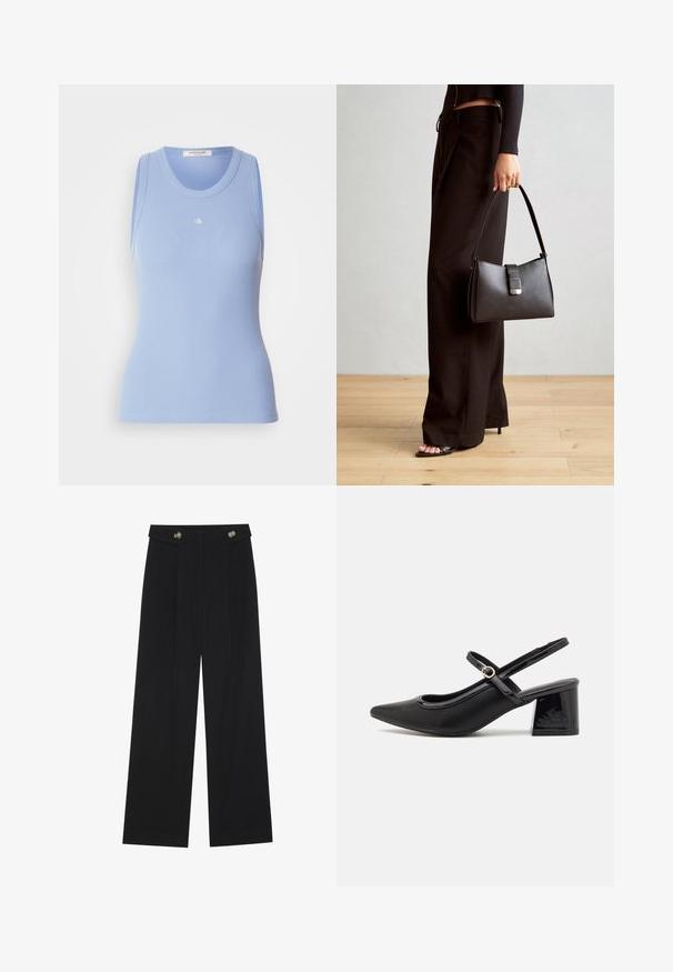 Himbeerblaues, geripptes Tanktop mit rundem Ausschnitt und ärmellos. Mit kleinem weißen Logo auf der Vorderseite. Glatte Textur.; Schwarze weite Hosen mit hoher Taille, Knopfdetails am Bund und vorderen Falten.; Schwarze Lackleder-Slingback-Absätze mit spitzer Zehenform, einem runden Ausschnitt-Design und einem Blockabsatz. Mit einem goldfarbenen Schnallenakzent.; Schwarze Handtasche mit strukturierter Form, glatter Textur und einem metallischen Verschluss. Kombiniert mit weiten schwarzen Hosen und offenen Sandalen auf einem Holzboden.
