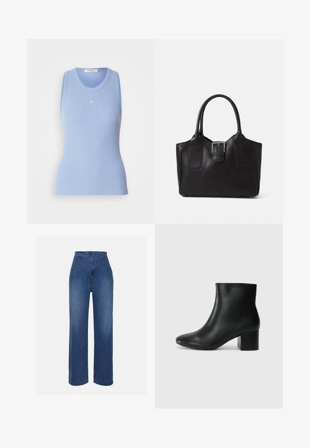 Light blue ribbed tank top with a rounded neckline and sleeveless design. Features a small white logo on the front. Smooth texture.; High-waisted denim jeans in medium blue. Features front button accents and wide-leg design. Fabric has a smooth texture with slight fading.; Black leather ankle boots with a pointed toe and a chunky heel. Smooth texture with minimal accents and a sleek, fitted design.; Black leather tote bag with smooth texture, structured shape, two handles, and a prominent silver buckle detail on the front.