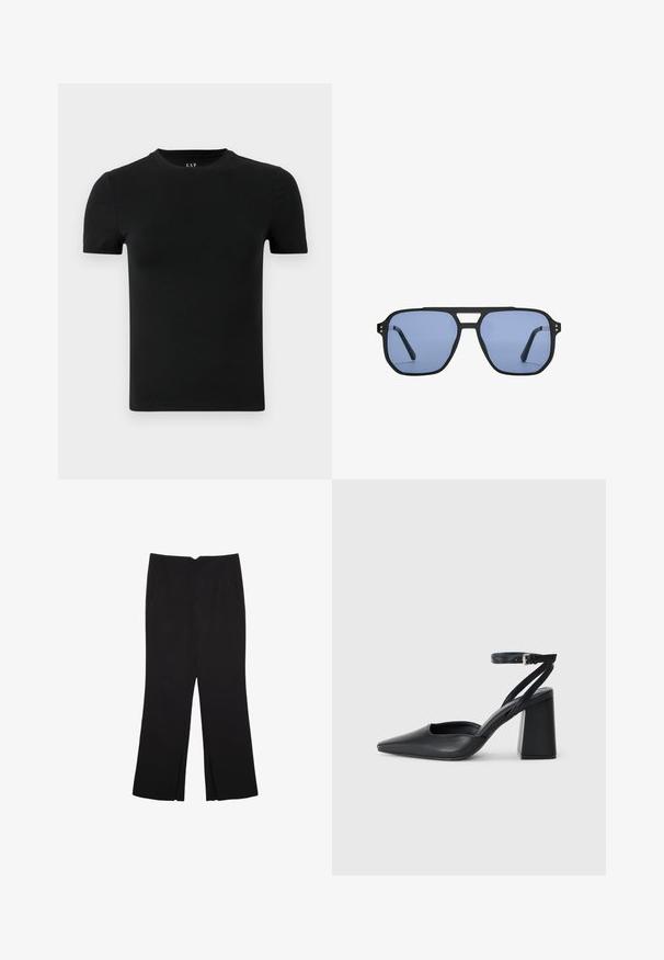 Sort kortærmet T-shirt lavet af blødt bomuldsstof. Har en rund udskæring og et simpelt, sømløst design uden mønstre eller detaljer.; Sorte bukser med lige pasform, der har frontlommer og slidser i kanten. Lavet af blødt, glat stof. Velegnet til forskellige anledninger.; Sort læder spidse pumps med ankelrem og en chunky hæl. Flad tekstur, slankt design og minimalistisk æstetik.; Stradivarius RETRO - Solbriller - light blue