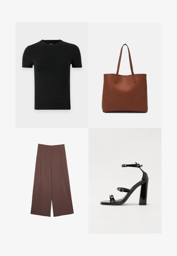 Czarna koszulka z krótkim rękawem wykonana z miękkiej bawełny. Posiada okrągły dekolt oraz prosty, bezszwowy design bez wzorów i akcentów.; Brązowe spodnie o szerokich nogawkach z gładką fakturą, z wysokim stanem i plisami z przodu. Materiał jest lekki i luźno opada.; Czarne lakierowane sandały na obcasie z kwadratowym noskiem, z paskami wokół kostki i srebrnymi klamrami. Posiadają masywny słupek dla stabilności.; Brązowa skórzana torba tote o gładkiej fakturze, z otwartym wierzchem i dwoma ramiączkami. Charakteryzuje się minimalnym przeszyciem i brakiem widocznych elementów metalowych.