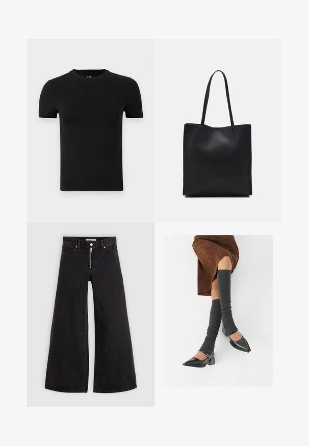 Sort kortærmet T-shirt lavet af blødt bomuldsstof. Har en rund udskæring og et simpelt, sømløst design uden mønstre eller detaljer.; Vide ben jeans i sort denim med lynlås foran, fem lomme-design og subtile stikninger. Glat tekstur og afslappet stil.; Sorte patenterede lædersko med spids tå, blokhæl og ankelrem, kombineret med grå ribbede benvarmere og en brun ruskinds nederdel.; Sort læder tote taske med glat tekstur, rektangulær form og to lange hanke. Ingen synlig hardware eller udsmykninger.