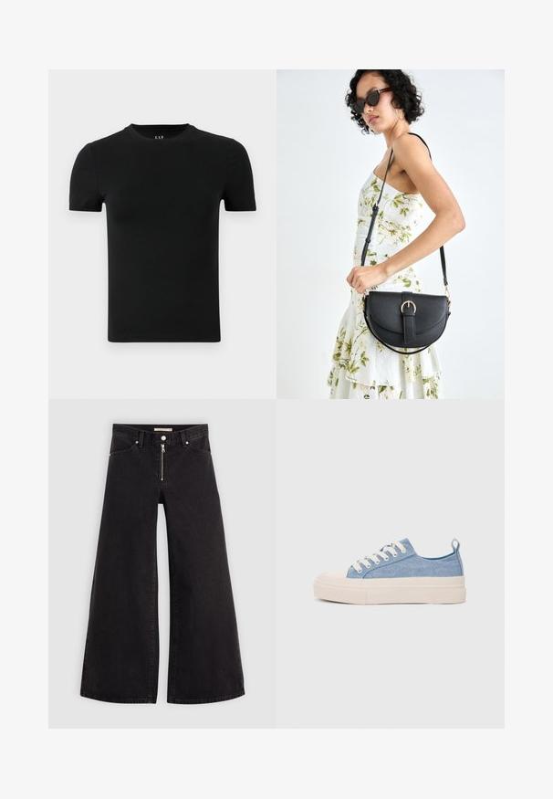 T-shirt preto de manga curta feito de tecido de algodão macio. Apresenta um decote redondo e um design simples, sem padrões ou detalhes.; Calças de ganga de perna larga em denim preto com fecho éclair à frente, design de cinco bolsos e detalhes de costura subtil. Textura suave e estilo casual.; Ténis de lona azul claro com uma biqueira e sola de borracha creme, apresentando atacadores brancos e uma alça na parte de trás.; Bolsa de couro preta com forma curva, alça destacável e detalhes em dourado. A bolsa possui uma aba com detalhe de fivela.