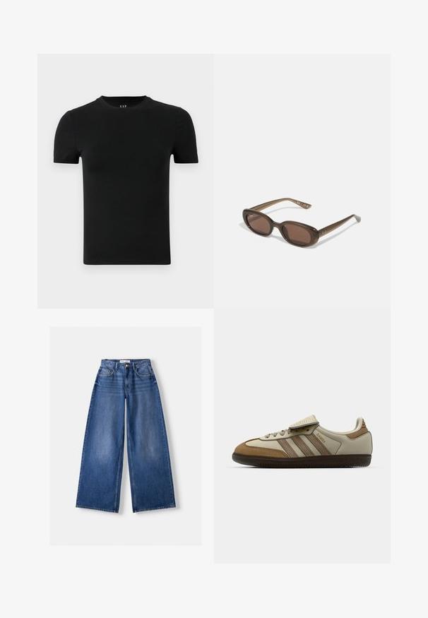 Zwarte t-shirt met korte mouwen, gemaakt van zacht katoenen materiaal. Heeft een ronde halslijn en een eenvoudig, naadloos ontwerp zonder patronen of accenten.; Bershka WIDE-LEG - Wide leg - dark blue; Bruine en crèmekleurige sportschoen met drie beige strepen, gemaakt van suede en leer, vetersluiting ontwerp en rubberen zool. Tekstlogo aan de zijkant.; Brown ovalen zonnebrillen met donkere lenzen. Het montuur is gemaakt van doorzichtig bruin materiaal en heeft een logo dat op de slapen is gedrukt.; Bruine suède tote bag met twee schouderbanden, een ruime rechthoekige vorm en een minimalistisch ontwerp. Zachte textuur met een gladde afwerking.