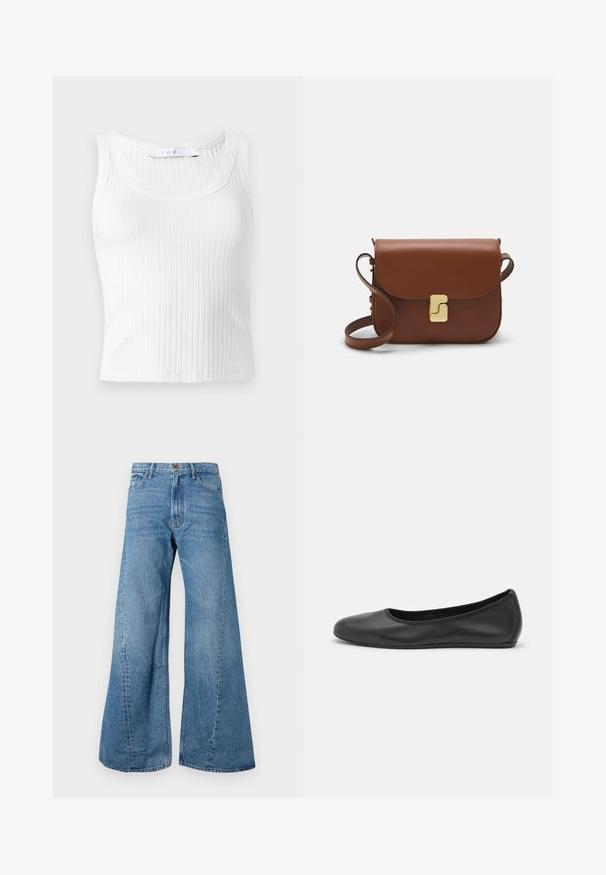 Iro EMMA - Top - white; Brede blauwe denim jeans met een hoge taille, voorzien van klassieke vijf-pocket styling en een lichte vervaging voor textuur.; Zwarte leren ballerina met een ronde neus, gladde textuur, minimale stikdetails en een flexibele zoolontwerp.; Bruine leren handtas met een klep sluiting, gouden hardware, een schouderband en een gladde textuur. Compact rechthoekige vorm.