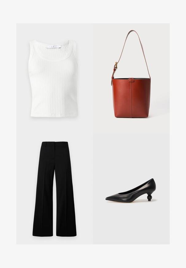 Iro EMMA - Top - white; Sorte bredbenede bukser med en glat tekstur, struktureret talje og bukser foran. Minimalistisk design uden synlige metaldel.; Sort læder høje hæle med spids tå og rund, kugleformet hæl. Glat tekstur med et stilrent, minimalistisk design.; Brun læderspandtaske med justerbar skulderrem og guldfarvet spænde, enkel lodret sømdetalje foran.