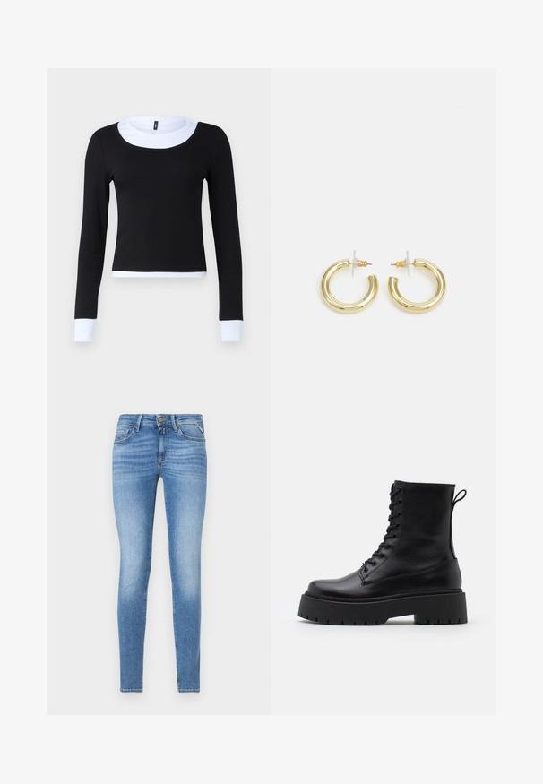 Juodas ilgomis rankovėmis marškinėliai su suspaustu tekstūru, turintis baltą apvalų kaklą ir rankogalius. Dizainas prigludęs ir iki liemens.; Lieknas, šviesiai mėlynas džinsinis kelnes, vidutinio aukščio juosmuo, priekinis mygtukas ir penkių kišenių dizainas.; Juodos odinės aulinukės su apvalia nosimi, raišteliais priekyje ir storesniu guminio pado apačioje su tekstūruotu raštu. Priekyje yra kilputė.; Aukso auskarai su lygiu, blizgiu paviršiumi. Apvalus dizainas su maža užrakto dalimi ir skaidria atrama saugiam nešiojimui.