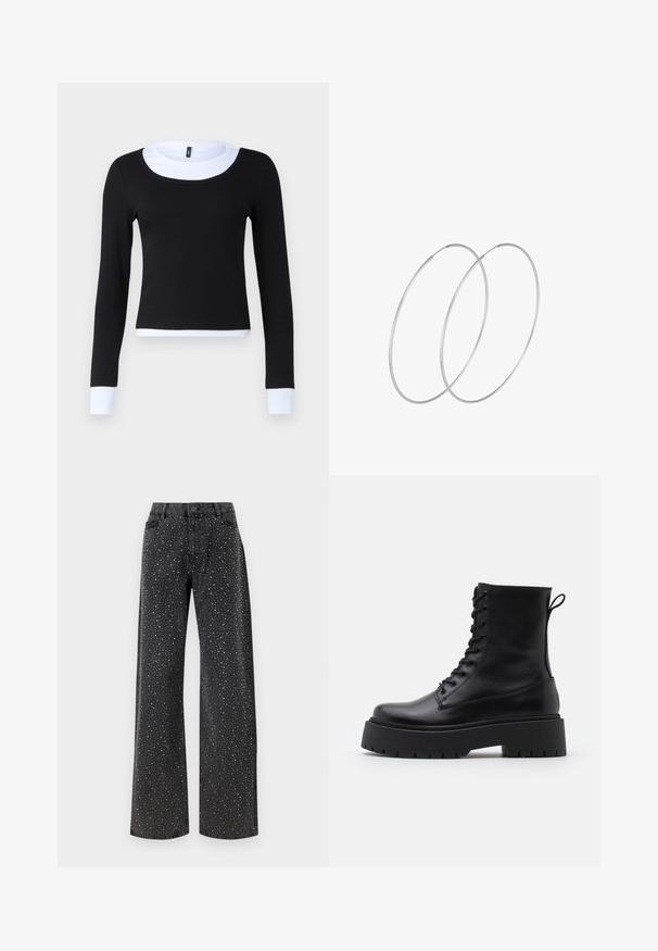 Zwarte top met lange mouwen en een geribbelde textuur, met een witte ronde hals en manchet. Het ontwerp is aangesloten en cropped op de taille.; Noisy May NMJANNEL LOOSE - Relaxed fit jeans - black denim; Zwarte leren enkelboots met een ronde neus, vetersluiting aan de voorkant en een dikke rubberen zool met een gestructureerd profiel. Trekbandje aan de achterkant.; Zilveren hoepel oorbellen met een minimalistisch ontwerp. Cirkelvormig, gladde textuur en dun profiel. Lichtgewicht met een gepolijste afwerking.