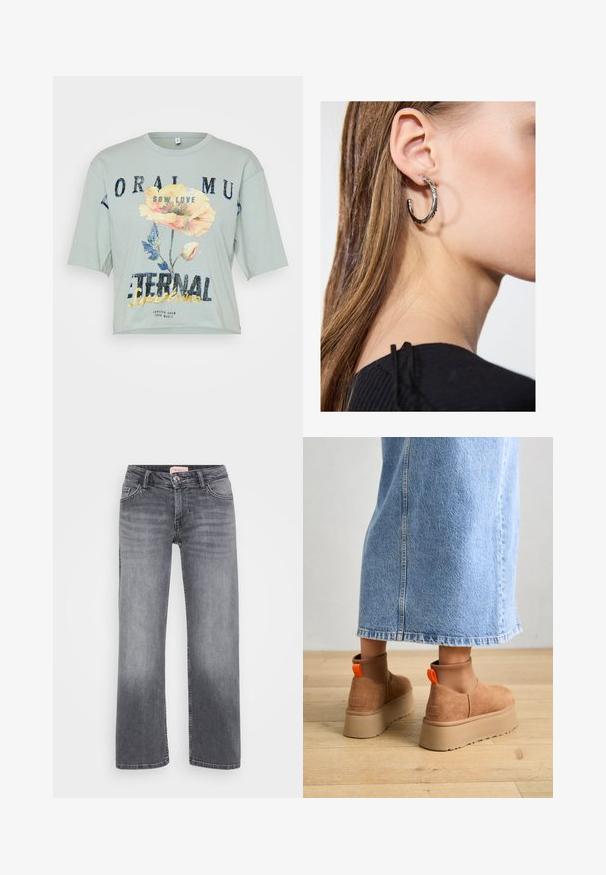Světle zelené bavlněné tričko s volným střihem, krátkými rukávy, květinovým grafikou a nápisem "SÁZET LÁSKU VĚČNÉ SLUNCE."; Šedé džíny z denimu se středně širokým střihem, stylem s pěti kapsami, jemným vyblednutím a zapínáním na knoflík v pase.; Hnědé semišové platformové boty s elastickými bočními panely a oranžovými poutky, spárované s sukní z jasného denimu ke kolenům na dřevěné podlaze.; Stříbrný kruhový náušník s lesklým povrchem, zdobený malými zlatými akcenty, v kulatém tvaru, nošený na lalůčku.