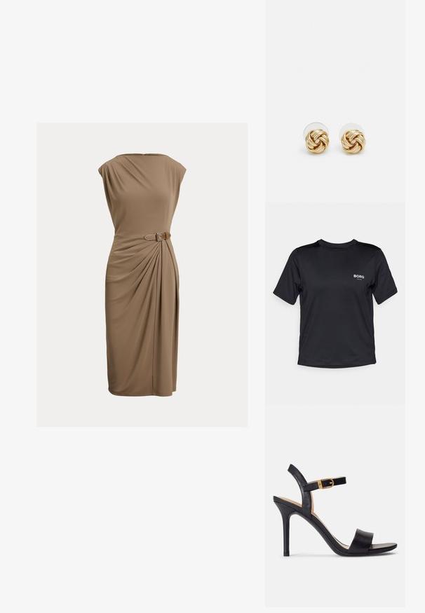 Černé sportovní tričko s krátkým rukávem vyrobené z hladkého materiálu. Logo "BORG" potištěné bílou barvou na levé části hrudi. Design s kulatým výstřihem.; Šaty ke kolenům bez rukávů z hnědé látky; mají boční sklad a úzký pásek s obdélníkovou sponou pro zvýšení detailu.; Černé sandály na vysokém podpatku s hladkým koženým svrškem, otevřenou špičkou a designem s jedním popruhem, ozdobené zlatou sponou.; Černá kožená kabelka se strukturovaným designem, obsahující zipové uzavření, odnímatelný popruh a zlaté kovové detaily.; Náušnice ve zlatém tónu ve tvaru uzlu s propleteným designem. Každá náušnice má kulatou průhlednou oporu pro bezpečné nošení.