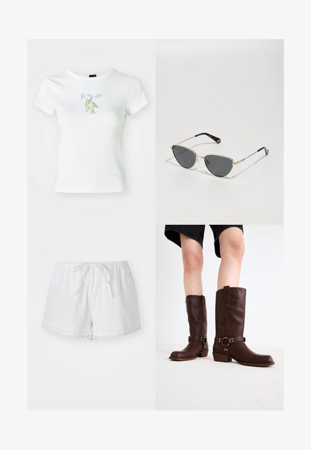 Balta medvilninė marškinėliai su apvalia iškirpte, trumpomis rankovėmis ir žaliu alyvuogės grafiku su tekstu "Būk mano alyvuogė" šviesiai mėlynu šriftu.; Baltarai medvilniniai šortai su elastinga juosta ir raišteliu. Yra aklųjų siuvinėjimas ir nėrinių apdaila apačioje.; Rudos odinės kelio ilgio batai su apvalia nosimi, tekstūruotu paviršiumi, užkulnio dirželiu ir sidabriniais detaliais; storas kulnas.; Auksinės metalinės rėmo akinių nuo saulės su tamsiais objektyvais, katės akies formos, ir juodomis šventyklų rankenėlėmis, kurių vienoje pusėje yra vaivorykštinis akcentas.