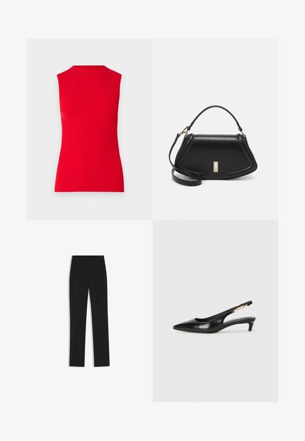 Red sleeveless top with a mock neck. Made of ribbed fabric, it features a fitted silhouette and smooth texture. No patterns or hardware present.; Black tailored trousers with a straight-leg design, featuring front pockets and a smooth, textured fabric. Neat, minimal detailing.; Black leather slingback heels with a pointed toe, featuring a slim heel and a gold-tone accent on the adjustable strap. Smooth texture.; Black leather handbag with a structured design, featuring a cropped shape, top handle, and gold hardware accent. Adjustable shoulder strap included.