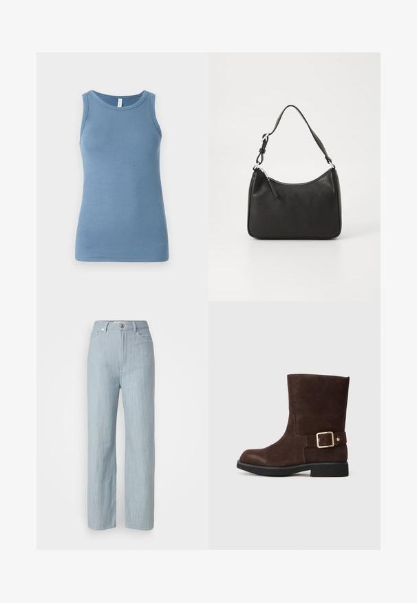 Zils bez piedurknēm topiņš, izgatavots no mīkstas kokvilnas, ar apaļu kakla izgriezumu un pieguļošu dizainu. Dabiski gluda tekstūra bez redzamām rakstām.; Gaiši zilas taisnas kājas džinsi, izgatavoti no džinsa auduma. Iezīmē piecas kabatas, metāla pogu aizdari un smalku nodilumu tekstūrai.; Ciembruns zamšs potīte ar noapaļotu purngalu, plakanu melnu zolīte un zelta sprādze akcenta sānos. Gluda tekstūra un vienkāršs dizains.; Melnas ādas rokassomu ar izliekta formu, vienu siksnu, ar rāvējslēdzēju aizdari un diskrētu zīmolu uz priekšpuses. Gluda tekstūra, minimālisma dizains.