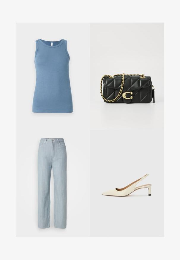 Modra brezrokavnica z mehkim bombažem, z okroglo izrezom in fitted dizajnom. Gladka tekstura brez vidnih vzorcev.; Svijetloplave traperice ravnog kroja. Imaju pet džepova, metalno kopčanje na dugme i suptilno izbjeljivanje za teksturu.; Sandal z visokim prstom iz belega usnja, ki ima nizek peto in izrezljan dizajn z gladko teksturo in minimalnimi poudarki.; Črna kviltana usnjena torbica z zlatim verižnim ročajem in zapiranjem z obročkom, ki ima okroglo okrasje. Kompaktna pravokotna oblika.