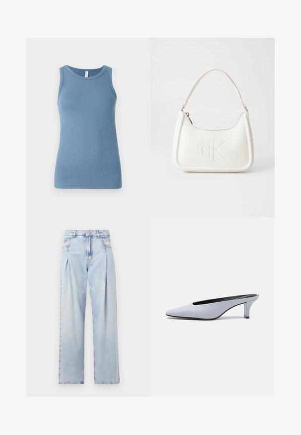 Modrá bezrukávová tank top vyrobená z mäkkého bavlneného materiálu, s okrúhlym výstrihom a priliehavým strihom. Hladká textúra bez viditeľných vzorov.; Svetlomodré džínsy s vysokým pásom, širším strihom po celej dĺžke, dvoma bočnými vreckami a skladaným dizajnom. Mäkka textúra s vyblednutým vzhľadom.; Svetlomodrá lakovaná mule s špicatou špičkou, nízkym priehľadným opätkom a elegantným dizajnom s vykrojením na prednej časti.; Biela kožená kabelka s zakriveným tvarom, na prednej strane s embosovaným logom "CK" a jedným ramenným popruhom. Zipsové zapínanie navrchu.