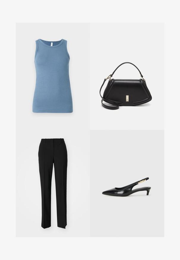 Top senza maniche blu realizzato in morbido cotone, con scollatura rotonda e design aderente. Tessuto liscio senza motivi visibili.; Pantaloni neri su misura con un design a gamba dritta, caratterizzati da una texture liscia e pieghe ben definite sul davanti. Senza hardware visibile.; Tacchi slingback in pelle nera con punta affusolata, caratterizzati da un tacco alto e un accento dorato sulla cinghia regolabile. Texture liscia.; Borsa a mano in pelle nera con un design strutturato, caratterizzata da una forma corta, manico superiore e accessori in metallo dorato. Inclusa tracolla regolabile.