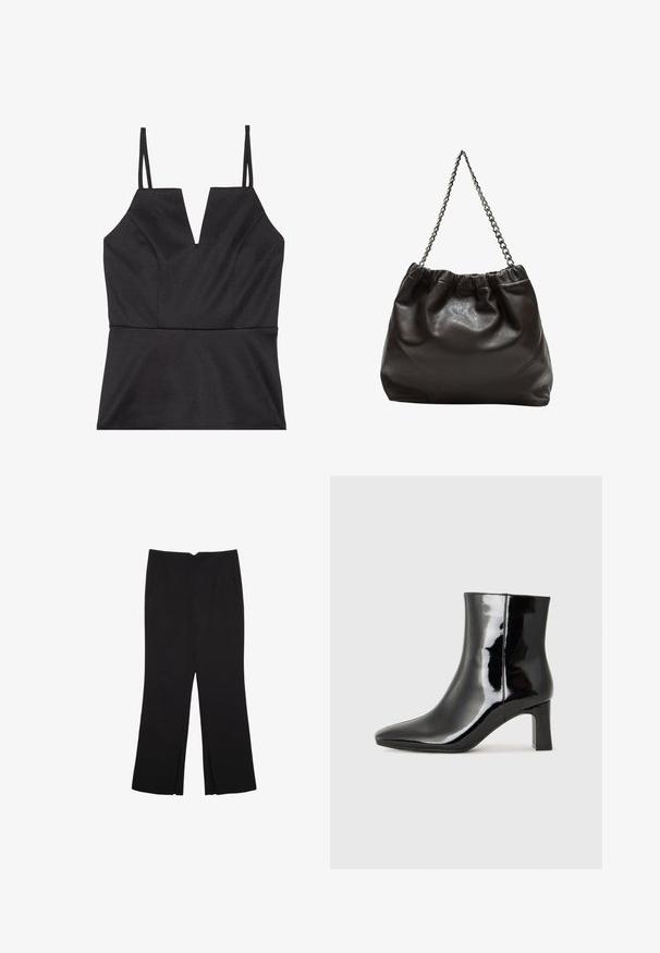 Czarna bezrękawnik z dekoltem w kształcie litery V, z dopasowanym stanem, gładką fakturą i cienkimi regulowanymi ramiączkami.; Czarne spodnie o prostym kroju, z przednimi kieszeniami i bocznymi rozcięciami na dole. Wykonane z miękkiego, gładkiego materiału. Odpowiednie na różne okazje.; Czarne lakierowane botki za kostkę z wysmukłym noskiem i średniej wysokości obcasem w kształcie słupka. Gładka tekstura i minimalistyczny design.; Brązowa skórzana torba z marszczonym szczytem i łańcuszkowym paskiem. Gładka tekstura z błyszczącym wykończeniem i subtelnymi detalami szwów po bokach.