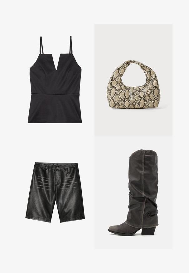 Černý top bez rukávů s V-výstřihem, s přiléhavým korpusem, hladkou strukturou a tenkými nastavovacími ramínky.; Černé šortky z umělé kůže s hladkým povrchem, pěti kapsami a decentním pruhovaným detailem na přední straně. Klasický rovný střih.; Šedé kožené vysoké boty po lýtka s volným designem, špičatou špičkou a vyvýšeným podpatkem. Výrazné prošívání v oblasti špičky.; Kabelka s hadím vzorem a zakřiveným držadlem. Vyrobena z texturovaných béžových a hnědých materiálů, s charakteristickým diamantovým vzorem.