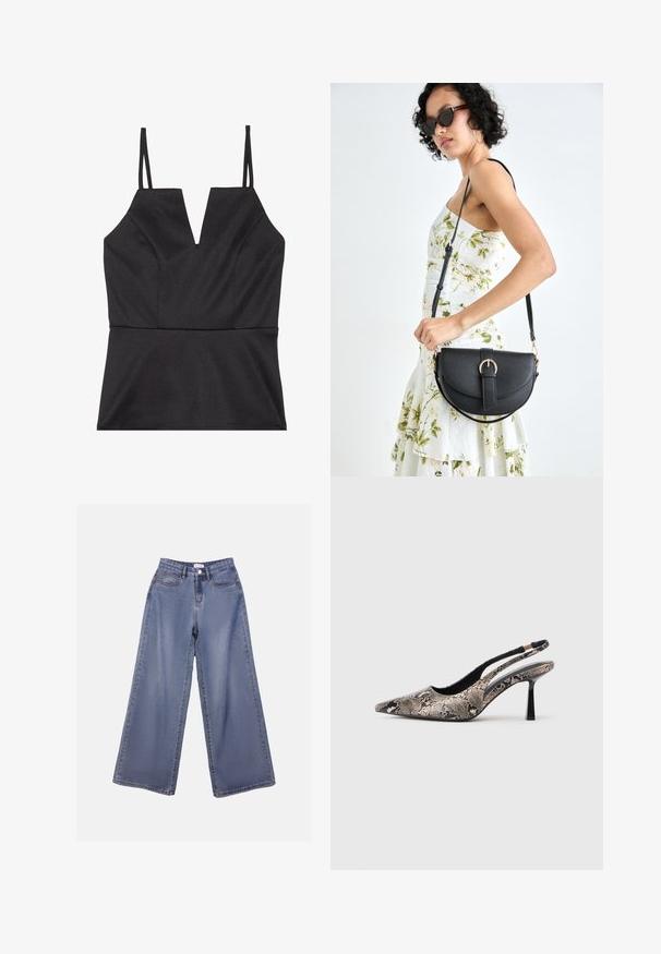 Sort ærmeløs top med V-udskæring, der har en tætsiddende liv, glat tekstur og tynde justerbare stropper.; Bredde denim jeans i en lys blå vask, med høj talje, forlommer og knaplukning med bæltestropper.; Spidse slingback sko lavet af tekstureret slangeskindsmateriale, med en slank sort hæl og en udskæringsdesign på siderne.; Sort læderhåndtaske med en buet form, aftagelig rem og guldfinish. Tasken har en klap med en spænde detalje.