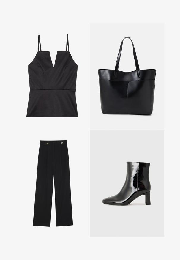 Čierny top bez rukávov s dizajnom v tvare V, ktorý má priliehavé telo, hladkú textúru a tenké nastaviteľné ramienka.; Čierne široké nohavice s vysokým pásom, so zapínaním na gombíky na páse a prednými sklady.; Čierne lakované členkové topánky s špicatou špičkou a stredne vysokým blokovým podpätkom. Hladká textúra a minimalistický dizajn.; Čierna kožená tote taška s dvoma dlhými rúčkami, hladkým povrchom a štruktúrovaným tvarom. Obsahuje prednú kapsu pre dodatočné uskladnenie.