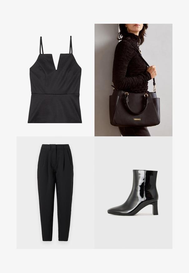 Musta hihaton paita V-kaula-aukolla, jossa on muotoiltu vartalo, sileä pinta ja ohuet säädettävät hihnat.; Mustat suorat housut, joissa on etupuolella laskokset, sileä pinta ja sivutaskut. Vyötärönkorkeus on normaali.; Musta patenttilakattu nilkkuri, jossa on terävä kärki ja keskipitkä lohkarekorko. Silkkinen pinta ja minimalistinen muotoilu.; Musta käsilaukku, jossa on teksturoitu pinta, kaksi yläkantta ja säädettävä olkahihna. Varustettu kultasävyisillä varusteilla ja sivutaskuilla.