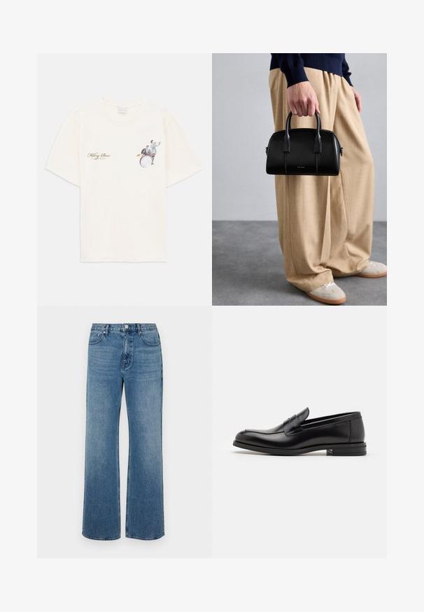 Camiseta de color blanco roto con una pequeña impresión de dos músicos, uno tocando la trompeta y otro en la batería, y el texto "Filling Pieces 'United By Rhythm'".; Pantalones vaqueros de pierna ancha en denim con un acabado desgastado. Presenta cinco bolsillos, un cierre de botón en la parte delantera y un corte recto.; Mocasines de cuero negro con una textura suave, puntera redondeada y una tira decorativa en el empeine. Tacón bajo apilado, diseño minimalista.; Bolso de mano de cuero negro con diseño estructurado, asas dobles, detalles de costura sutiles y un logo dorado. Combinado con pantalones de pierna ancha beige.