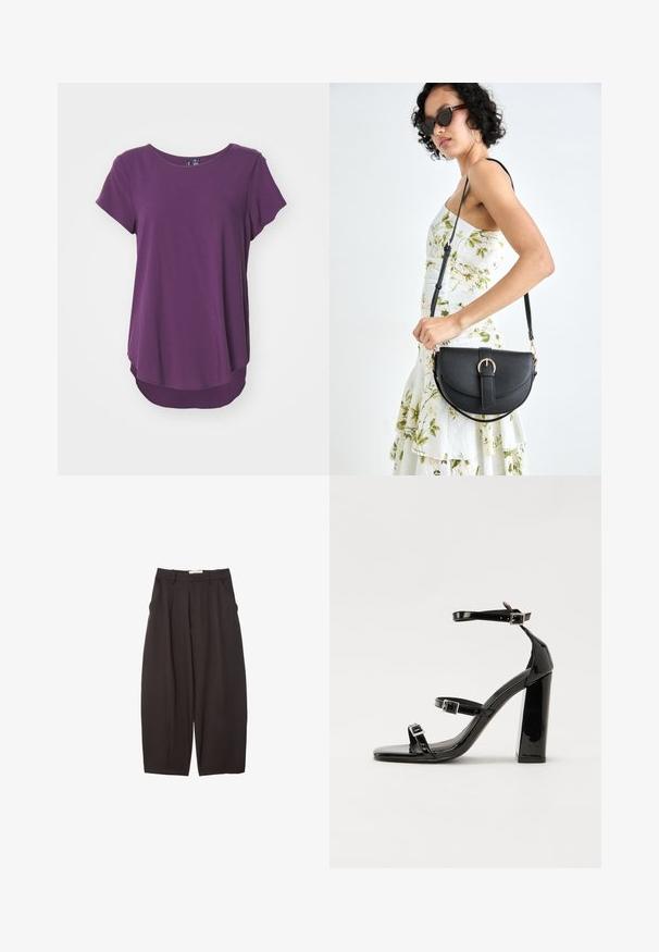 Kurzärmlige lila Bluse aus weichem Material, mit rundem Ausschnitt und längerem Rücken, ausgestattet mit einer glatten, gleichmäßigen Textur.; Schwarze weit geschnittene Hosen aus einem glatten Stoff, mit hoher Taille, Frontfalten und Seitentaschen. Schlichtes Design ohne Verzierungen.; Schwarze patentierte Sandalen mit Absatz, quadratischer Spitze, Knöchelriemen und silbernen Schnallen. Mit einem stabilen Blockabsatz für mehr Stabilität.; Schwarze Lederhandtasche mit geschwungener Form, abnehmbarem Tragegurt und goldenen Beschlägen. Die Tasche verfügt über einen Deckel mit einer Schnallen-Details.