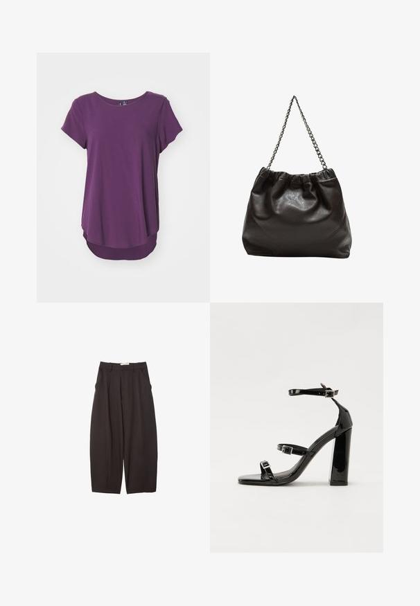 Blusa viola a maniche corte in tessuto morbido, con scollo rotondo e un orlo posteriore più lungo, caratterizzata da una superficie liscia ed uniforme.; Pantaloni neri a gamba larga realizzati in un tessuto morbido, con vita alta, pieghe frontali e tasche laterali. Design semplice senza decorazioni.; Sandali con tacco in vernice nera, con punta squadrata, cinturini alla caviglia e fibbie in argento. Presentano un tacco a blocco spesso per maggiore stabilità.; Borsa in pelle marrone con parte superiore arricciata e tracolla a catena. Texture liscia con finitura lucida e dettagli di cucitura sottili sui lati.