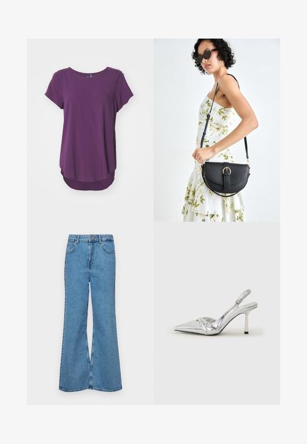 Short-sleeve purple blouse in soft fabric, featuring a rounded neckline and a longer back hem, with a smooth, even texture.; Light blue flared jeans made of denim, featuring a high waist, five pockets, and a single button closure. Soft texture with faded finish.; Silver slingback high heel shoe with a pointed toe, metallic finish, two decorative straps, and a slender heel with a black tip.; Black leather handbag with a curved shape, detachable strap, and gold hardware. The bag features a flap with a buckle detail.