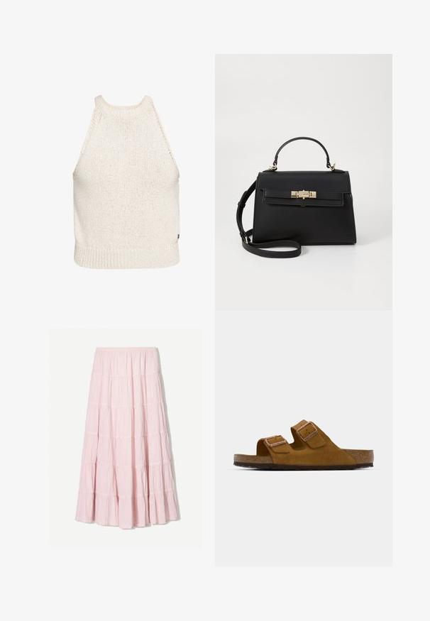 Roxy - Top; Jasnoróżowa, warstwowa spódnica maxi wykonana z teksturowanej, lekkiej tkaniny. Elastyczny pas i zwiewny dół z falbaniastymi akcentami.; Brązowe zamszowe klapki z dwoma regulowanymi paskami, korkową wkładką i fakturowaną gumową podeszwą. Minimalistyczny design bez dodatkowych zdobień.; Czarna skórzana torebka o wyraźnej strukturze, z górnym uchwytem, odpinanym paskiem na ramię oraz złotymi dodatkami. Posiada zapięcie na klamrę z przodu.