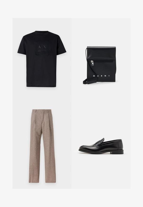 Černé bavlněné tričko s obdélníkovou nášivkou loga s nápisem "A|X" a "Armani Exchange Blue Edition" v tmavých barvách na přední straně. Design s kulatým výstřihem.; Hnědé kalhoty s vysokým pasem vyrobené z texturované látky. Mají široké nohavice a dva přední sklady pro strukturu. Úhledné provedení bez viditelné kovových částí.; Černé kožené polobotky s hladkou texturou, zaoblenou špičkou a zdobným páskem přes nárt. Nízký stohovaný podpatek, minimalistický design.; Černá kožená kabelka přes rameno s přední zipovou kapsou, embosovaným logem a nastavitelným popruhem. Hladký povrch s pevnou strukturou.