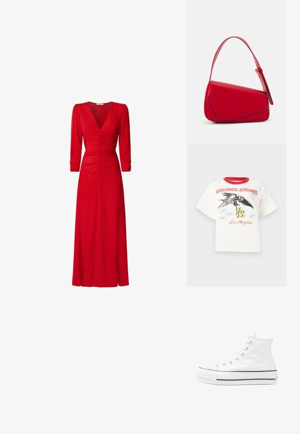 White cotton t-shirt with red crew neck, featuring a graphic of a bird, “Rolling Stones '72” text, and “LA” design elements in various colors.; Red dress with a V-neckline, three-quarter sleeves, and ruched detailing at the waist and back. Fabric appears smooth and lightweight.; White high-top canvas sneaker with black rubber sole, front rubber toe cap, and six eyelets for laces, featuring a clean, minimalist design.; Red leather handbag with an angular, geometric design. Features a single adjustable strap and a flap closure with stitched detailing.
