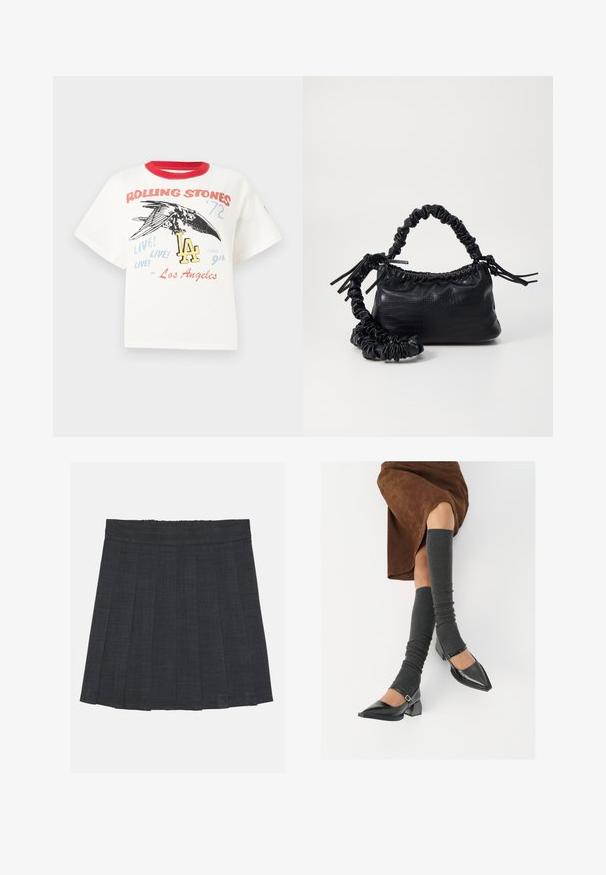 Balta medvilninė marškinė su raudonu apykaklės kraštu, kuriuose pavaizduota paukščio grafika, tekstas „Rolling Stones '72“ ir „LA“ dizaino elementai įvairiomis spalvomis.; Tamsiai pilka klostuota sijonas su elastinga juosta, pasižymintis tekstūruotu audiniu ir klasikinė A formos siluetu. Tinka kasdieniam dėvėjimui.; Juodi lakuoti odiniai batai su aštriu kuma ir bloko kulnu, derinami su pilkais riebiais kojų šildytuvais ir rudais zomšiniais sijonais.; Juodas dirbtinės odos rankinė su krokodilo tekstūra, sušnibždinta viršuje ir susikraipytu dirželiu. Atrodo minkšta ir kompaktiška.