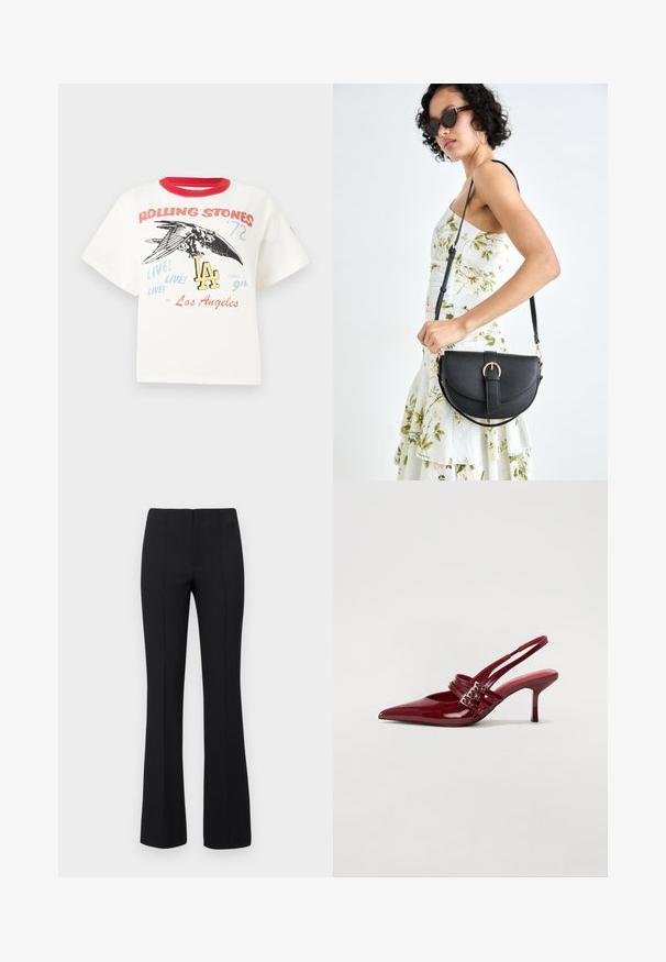Vit bomulls t-shirt med röd rundhals, med en grafik av en fågel, texten "Rolling Stones '72" och designinslag med "LA" i olika färger.; Svarta utsvängda byxor med en ribbad struktur och enåtsittande midja. Designen har vertikala sömmar för en strömlinjeformad look. Ingen synlig hårdvara.; Röda patentläder slingback-hälar med spetsig tå, två spännen och en smal, medelhög stilettklack. Slät textur.; Svart läderhandväska med en böjd form, avtagbar rem och guldiga detaljer. Väskan har ett lock med en spänndetalj.