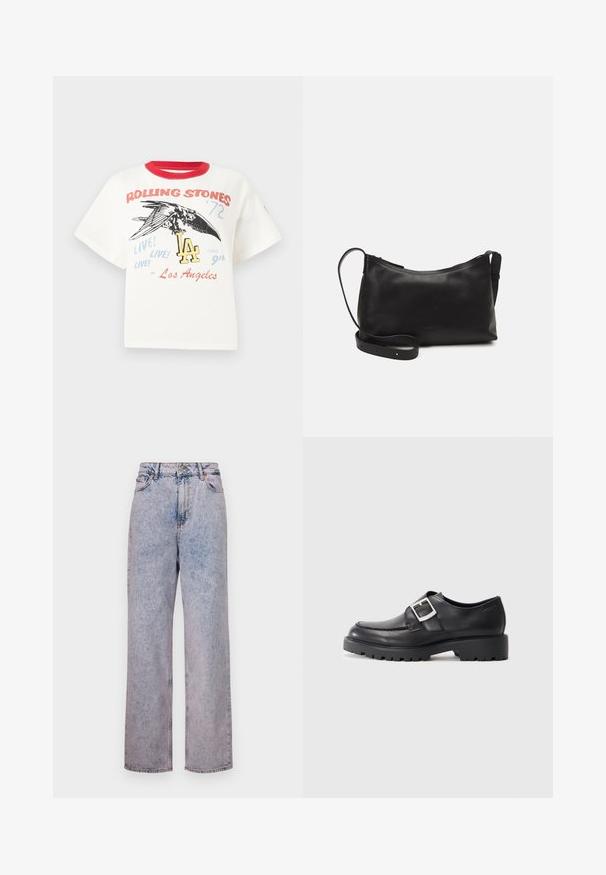 T-shirt en coton blanc avec col rond rouge, présentant un graphique d'un oiseau, le texte "Rolling Stones '72" et des éléments de design "LA" dans diverses couleurs.; Jeans en denim bleu clair avec une coupe droite et décontractée, dotés d'une taille haute, d'un design à cinq poches et de quincaillerie en bronze.; Chaussures en cuir noir avec un bout arrondi, présentant un détail de boucle sur le côté et une semelle épaisse et robuste. Texture lisse avec peu de coutures.; Sac à épaule en cuir noir avec une texture lisse, une forme courbée, une bandoulière ajustable et une fermeture éclair. Design minimaliste sans embellissements.
