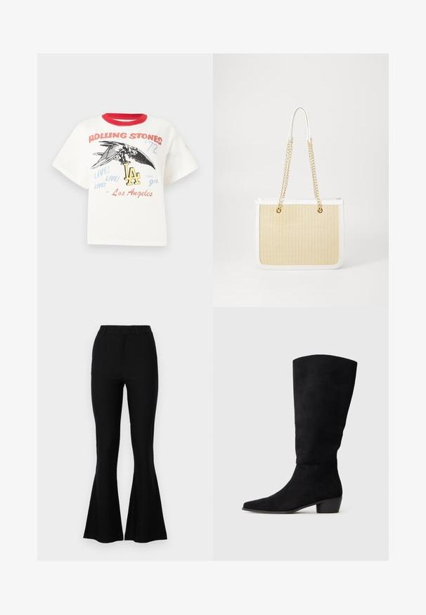 Biała bawełniana koszulka z czerwoną okrągłą szyją, z grafiką ptaka, napisem "Rolling Stones '72" oraz elementami wzorniczymi "LA" w różnych kolorach.; Czarne spodnie dzwony wykonane z gładkiego materiału, z dopasowaną talią, prostymi nogawkami i rozszerzanym dołem. Bez wyraźnych wzorów czy akcentów.; Czarne zamszowe muszki do kolan z niskim obcasem blokowym i spiczastym noskiem, zaprezentowane w widoku bocznym na jednolitym jasnoszarym tle.; Beżowa torebka z plecionego siana z białymi skórzanymi detalami, podwójnymi złotymi łańcuszkami jako uchwytami oraz prostokątnym kształtem. Powierzchnia ma teksturowany wzór.