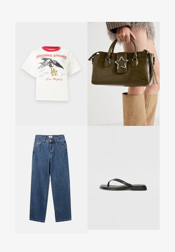 Weißes Baumwoll-T-Shirt mit rotem Rundhalsausschnitt, das ein Grafikmotiv eines Vogels, den Text "Rolling Stones '72" und Designelemente mit "LA" in verschiedenen Farben zeigt.; Klassische blaue Denim-Jeans mit geradem Bein, fünf Taschen und Knopfverschluss. Sie verfügen über eine mittelblau gewaschene Optik und sind aus robuster Textur.; Schwarze Flip-Flops aus glattem Leder, mit einem dünnen Riemendesign und einer flachen Sohle mit minimalem Profil. Keine bemerkenswerten Muster oder Akzente.; Olivgrünes Kunstlederhandtasche mit silbernem Sternakzent, doppelten Griffen und einem Reißverschluss. Strukturierten Form und texturierten Oberfläche.