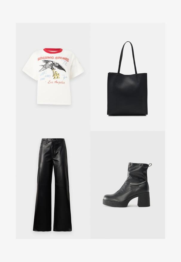 Biała bawełniana koszulka z czerwoną okrągłą szyją, z grafiką ptaka, napisem "Rolling Stones '72" oraz elementami wzorniczymi "LA" w różnych kolorach.; Czarne, wysokie na talii, szerokie spodnie z sztucznej skóry z guzikami z przodu, zapięciem na zamek, szlufkami na pasek i bocznymi kieszeniami na białym tle.; Czarne botki za kostkę wykonane z gładkiej skóry, wyposażone w boczny zamek błyskawiczny, masywny teksturowany obcas oraz zaokrąglony czubek.; Czarna skórzana torba tote o gładkiej fakturze, prostokątnym kształcie i dwóch długich uchwytach. Brak widocznych elementów metalowych i ozdób.