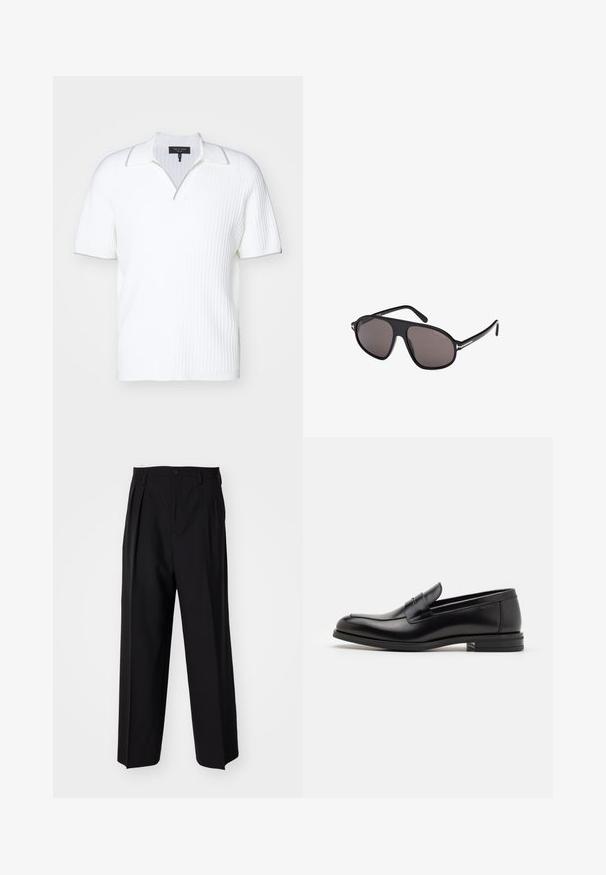 rag & bone HARBOR JOHNNY COLLAR - Poloshirt - ivory; Zwarte geplooide broeken met een rechte, brede pijpontwerp. Gemaakt van soepele stof, met een knoopsluiting en riemlussen.; Zwarte leren instappers met een gladde textuur, ronde neus en een decoratieve band over de wreef. Lage, gestapelde hak en minimalistisch ontwerp.; Zwarte zonnebril met donkere lenzen, een elegant pilotenmodel en metalen accenten. De montuur heeft een matte afwerking en subtiele branding.