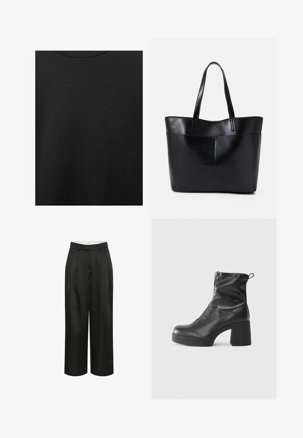 Čierna bavlnená tkanina s hladkou textúrou a okrúhlym výstrihom, s jemným, rovnomerným zrnom. Žiadne viditeľné logo ani akcenty.; Čierne, skrátené široké nohavice vyrobené z hladkej textílie. Majú predné záhyby a priliehavý pás. Jednoduchý a minimalistický dizajn.; Čierne členkové topánky z hladkej kože, so bočným zipsom, robustnou textúrovanou pätnou časťou a zaobleným dizajnom špičky.; Čierna kožená tote taška s dvoma dlhými rúčkami, hladkým povrchom a štruktúrovaným tvarom. Obsahuje prednú kapsu pre dodatočné uskladnenie.